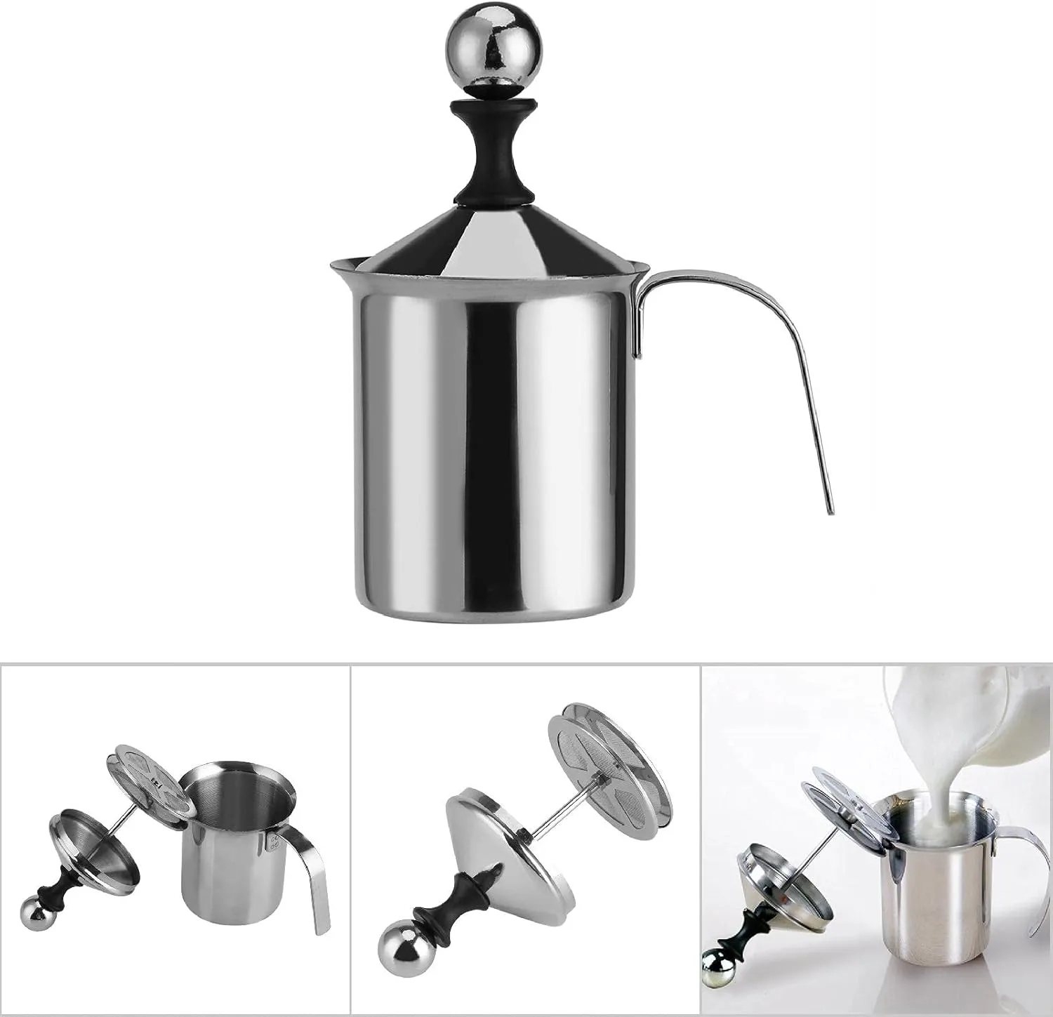Espumador de Leche, 400 ML/800 ML, Espumador de Leche Manual de Acero Inoxidable, Espumador de café de Malla Doble, Batidora Bat