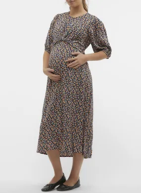 SIMONE - Vestido midi recto estampado con cuello redondo en azul