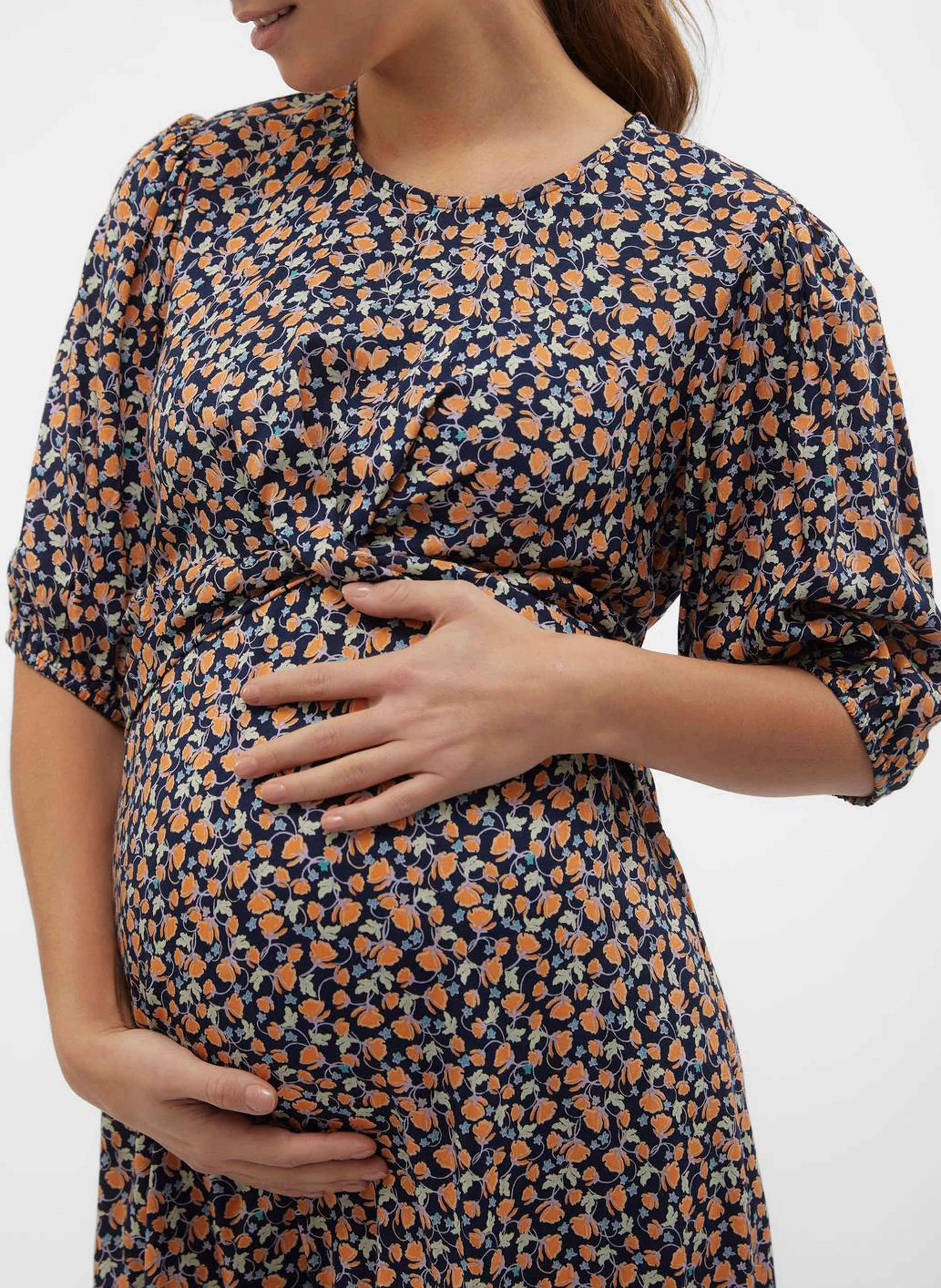 SIMONE - Vestido midi recto estampado con cuello redondo en azul